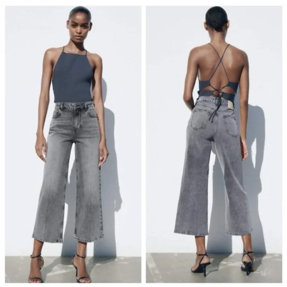 Zara Women's Straight wide Leg Cripped Jeans in Gray color high waisted size 4